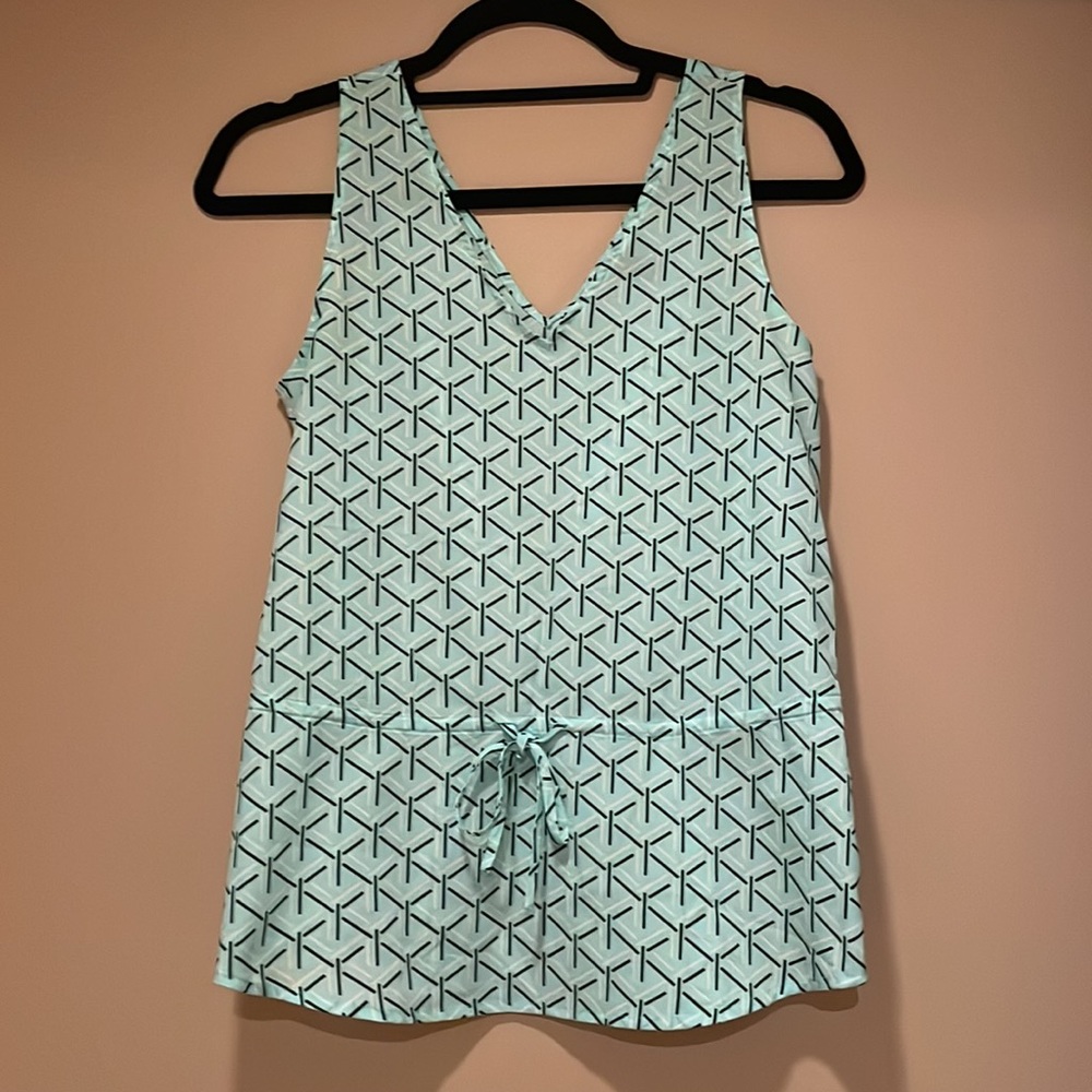 Banana Republic teal geoprint tank top with bow at waist